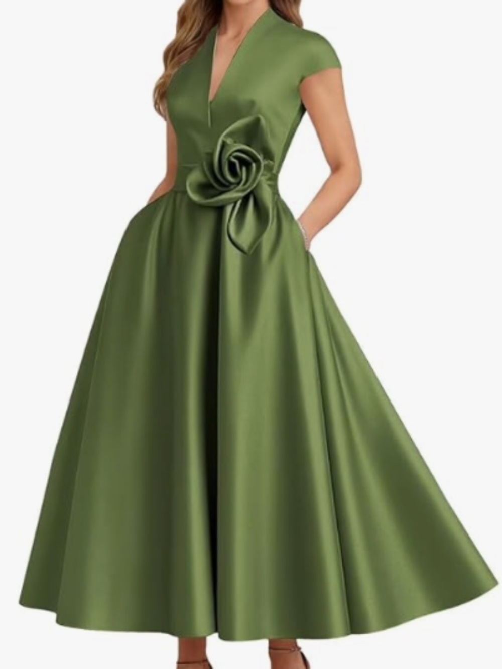 MartinLee Tea Length Satin Dress, A Line, V Neck, Cap Sleeve, Size 4, Olive Gree